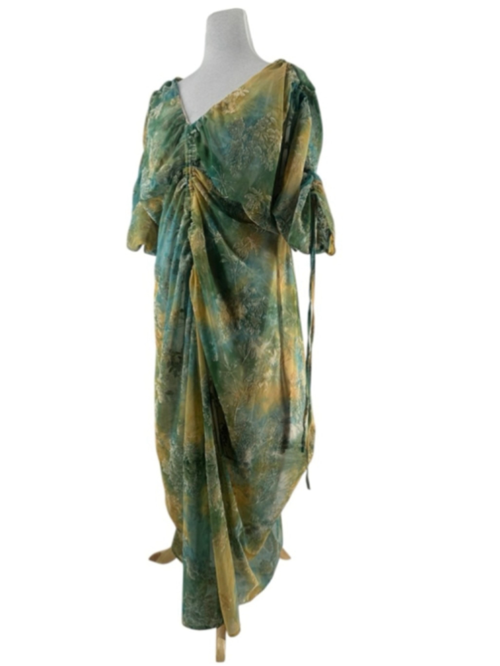 Green Ruched V-Neck Midi Dress - Picture 3 of 14